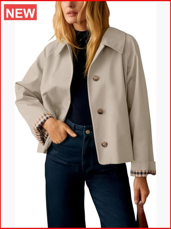 Jackets & Blazers - Lightweight Trench Jacket with Plaid Lining Button Front Casual Outerwear